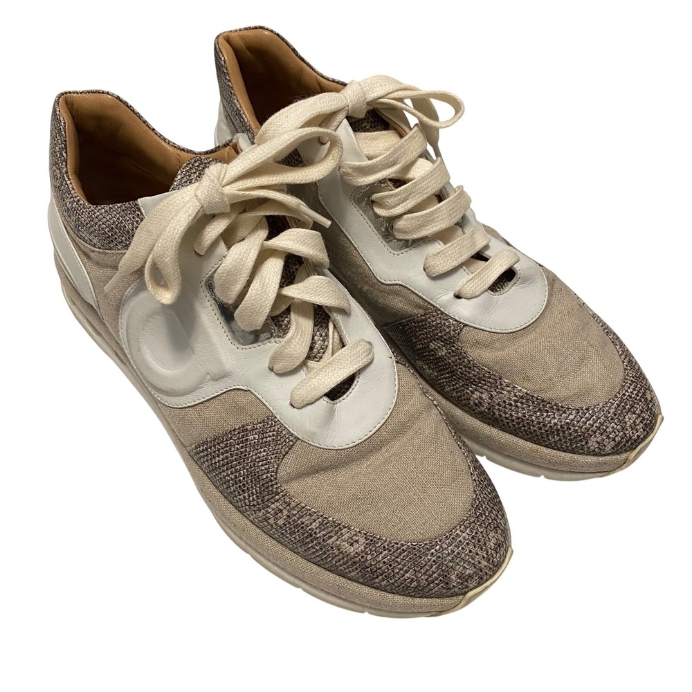 Salvatore Ferragamo Leather Colorblock Snake Print Canvas Sneakers Womens 8.5
